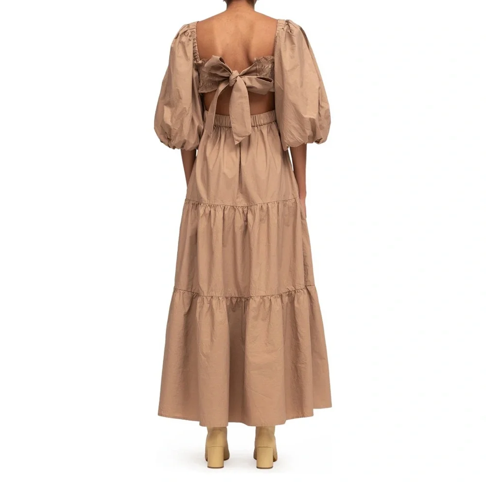 Sea Puff Sleeve Open Back Smocked Cotton Maxi Midi Dress - Picture 6 of 7